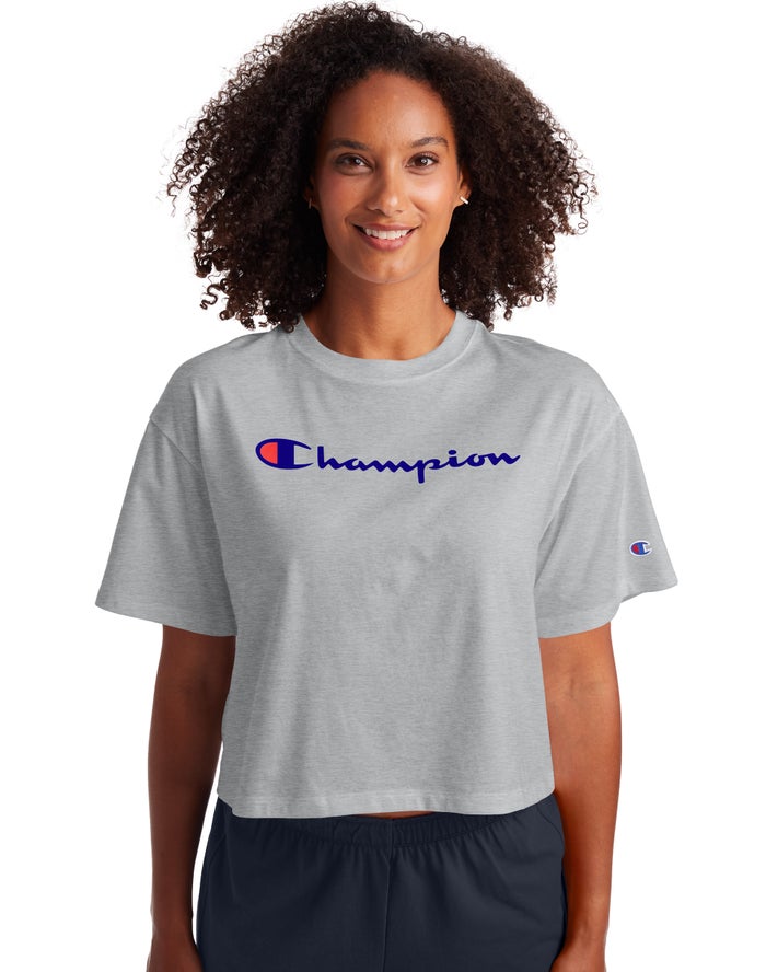 Champion Dame T-Shirts Grå - Cropped Script Logo - Danmark UFM-806253